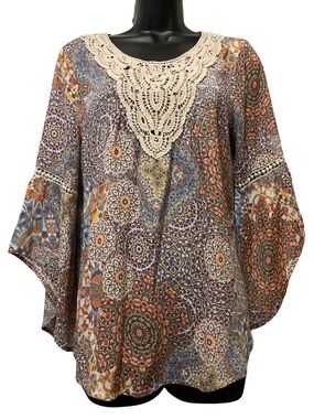 Spense Crochet Yoke Mosaic Print Tunic - Blue, Rust, Cream